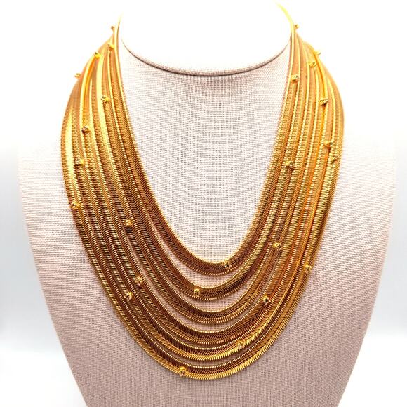 Snake Chain 6 Strand Necklace, Rhinestone Accents, Gold Tone, 17" - Picture 8 of 11